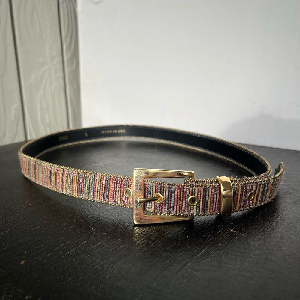 Vintage Woven Stripe Belt Gold Buckle Deadstock 30–34” Size L USA